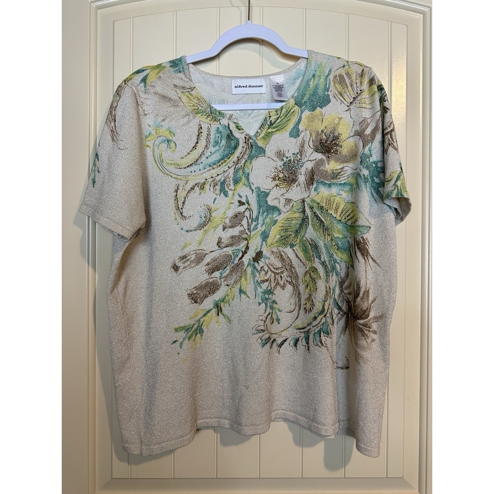 Alfred Dunner Short Sleeve Floral embellished lightweight Sweater Sz XL